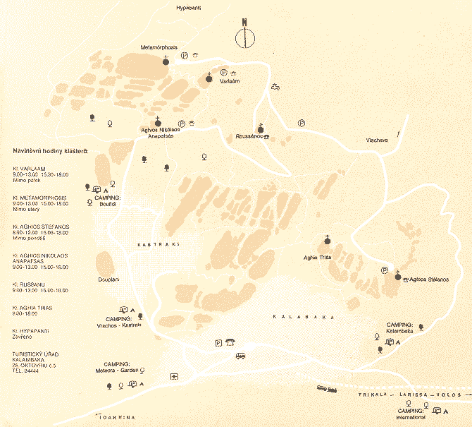 Oblasť Meteory, Grécko - mapa okolia a rozmiestnenie kláštorov