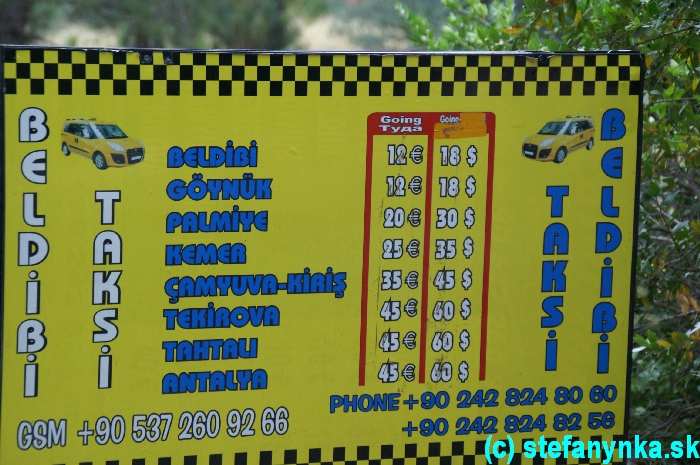 Ceny taxíkov od kaňonu Goynuk do jednotlivých stredísk. Jedna cesta do Beldibi za 12 Eur.