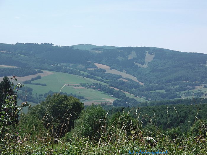Pohľad od Skaličí smerom na Veľkú Javorinu (vľavo od stredu na pozadí). Vpravo od stredu je stĺp na Mikulčinom vrchu