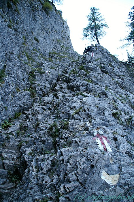 Barenlochsteig - nástup. Jednotkový terén na ferate Barenlochsteig. Prvé zaistenie začínalo v sedielku na horizonte.