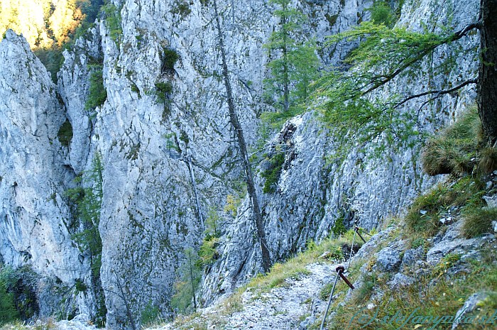 Barenlochsteig. Pohľad späť z klettersteigu Barenlochsteig. Sedielko nevidieť za zákrutou. Hneď za výstupom nasledoval úzky chodník na druhú stranu rebra, kde čakalo niekoľko kramlí.