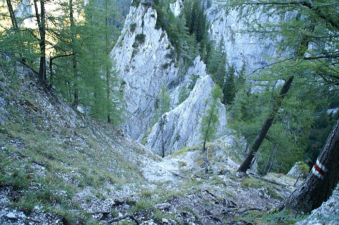 Barenlochsteig. Neistená pasáž nad kramlami. Od plošiny viedol klettersteig Barenlochsteig strmo hore. Pohľad zhora dole