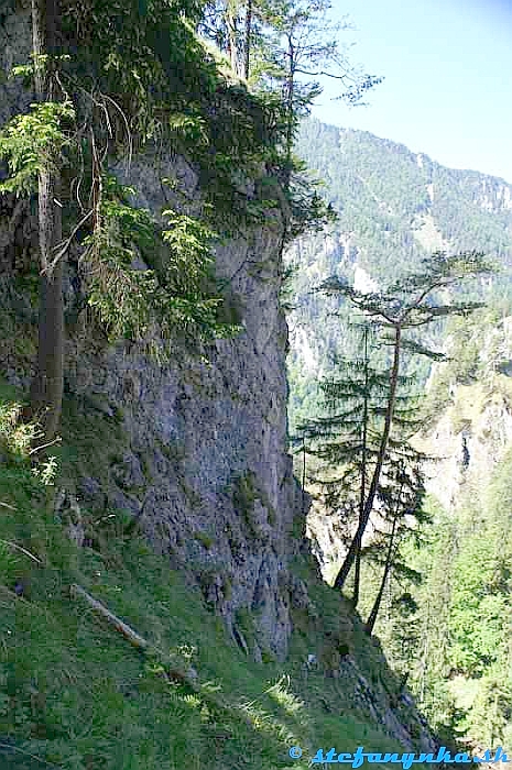 Wasserlochklamm - pohľad na rieku Salza. Pohľad od domčeka pri prameni vodopádov Wasserlochklamm na údolie, ktorým preteká rieka Salza