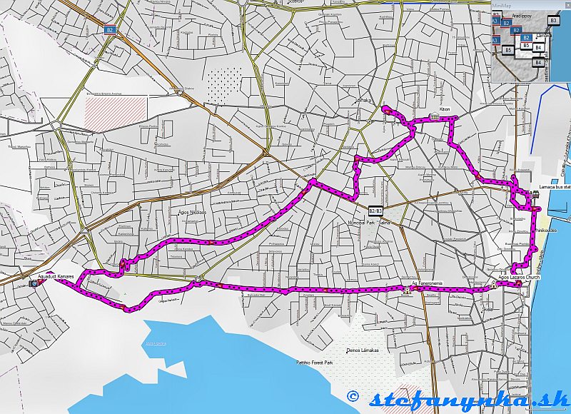 Larnaka. Z autobusovej stanice ku Kostolu Lazara, Aquaduktu Kamares a návrat okolo vykopávok Larnaka. Z autobusovej stanice ku Kostolu Lazara, Aquaduktu Kamares a návrat okolo vykopávok