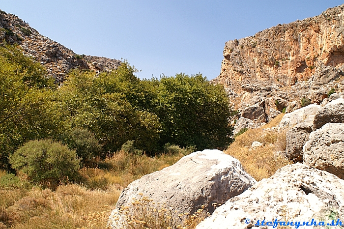 Deads gorge - oblasť Lenika. Za stromami je rozcestie do Azokeramosu (mierne doprava) a do Zakrosu (doľava)