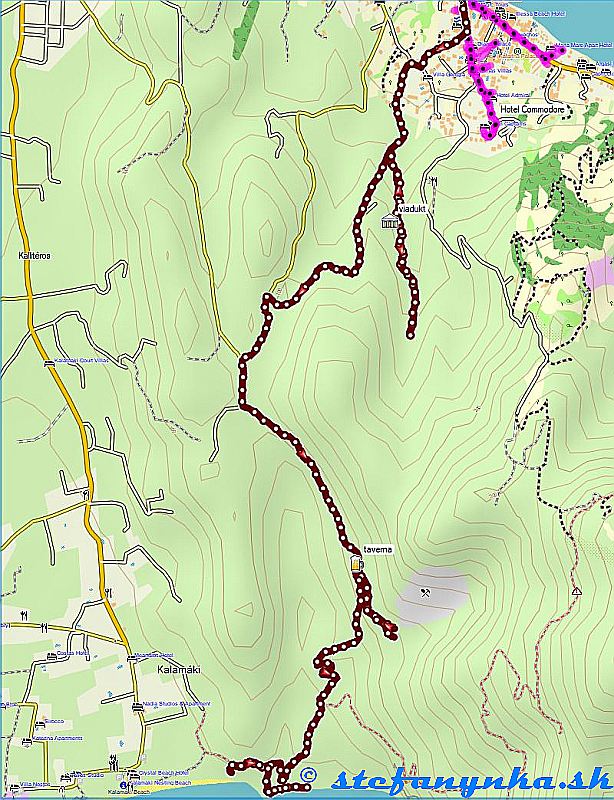 Mapka výletu z hotela Locanda v Argasi do strediska Kalamaki. Vyznačený Aquadukt (viadukt)