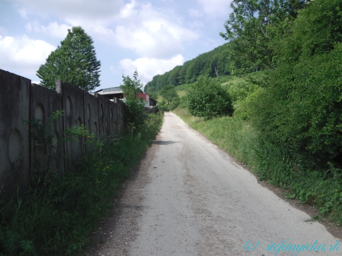 Zliechov. Od námestia popri škole asfaltkou dolu k družstvu a popri jeho plote mierne hore